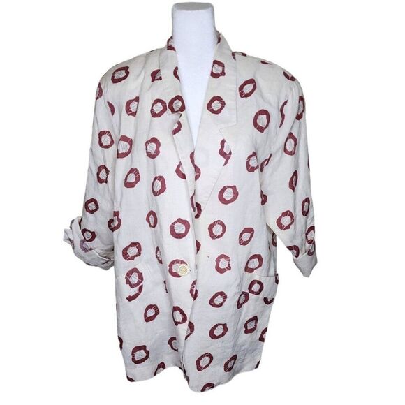 Vintage 80s Geometric Boyfriend Blazer Jacket Womens Size XL White Red Linen - Picture 1 of 9